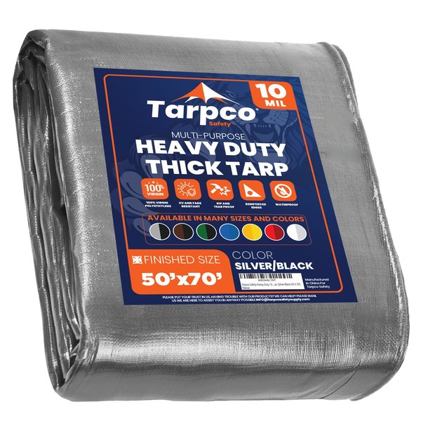 Tarpco Safety 70 ft L x 0.5 mm H x 50 ft W Heavy Duty 10 Mil Tarp, Silver/Black, Polyethylene TS-151-50X70